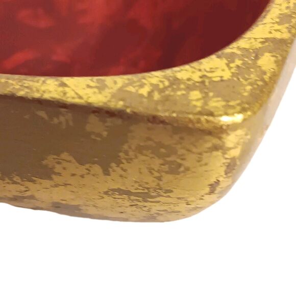 Wood Heart Shaped Bowl Red With Gold Leaf Jewelry Trinket Dish 6" x 6" x 2.5" - Picture 8 of 14